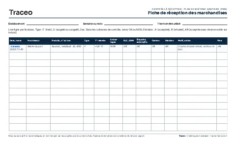 Aperçu de la fiche de réception des marchandises Traceo.