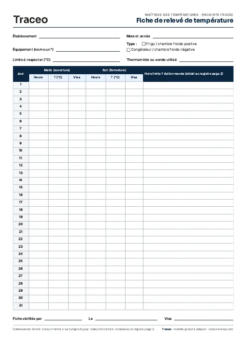 Aperçu de la fiche mensuelle de relevé de température frigo Traceo.