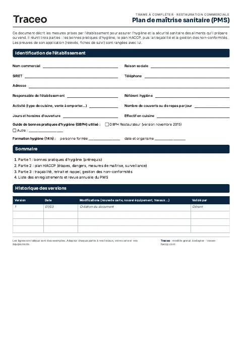 Aperçu de la première page du modèle de plan de maîtrise sanitaire Traceo.